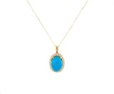 New Oval Turquoise Cabochon and Diamond Frame Pendant Necklace in 14K