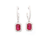 New 1.18ctw Emerald Cut Ruby and 0.33ctw Diamond Frame Drop Earrings in 14K