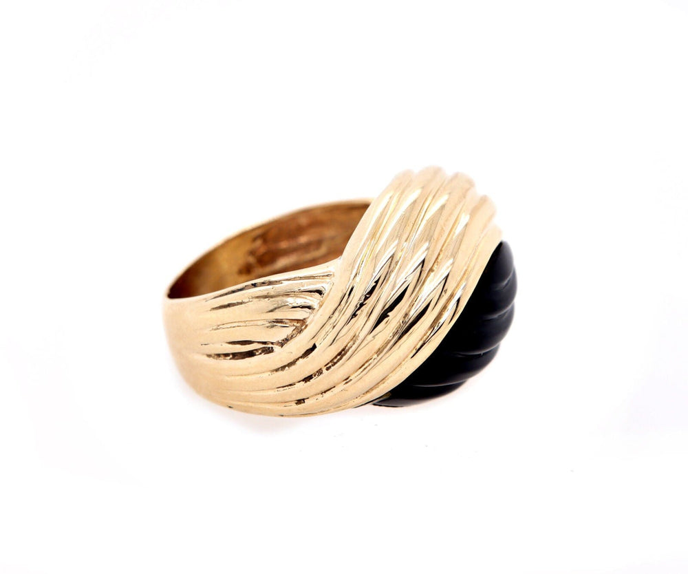 Carved Black Onyx Wave Style Ring in 14K