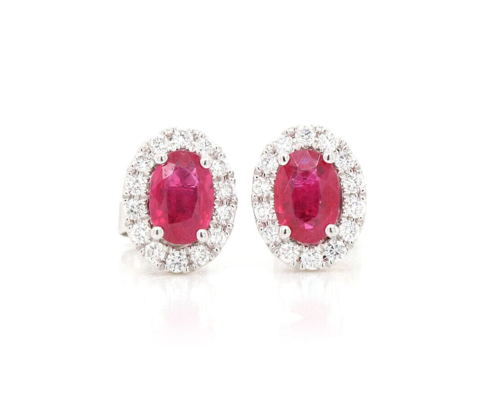 1.20ctw Oval Ruby and 0.50ctw Diamond Frame Stud Earrings in 14K
