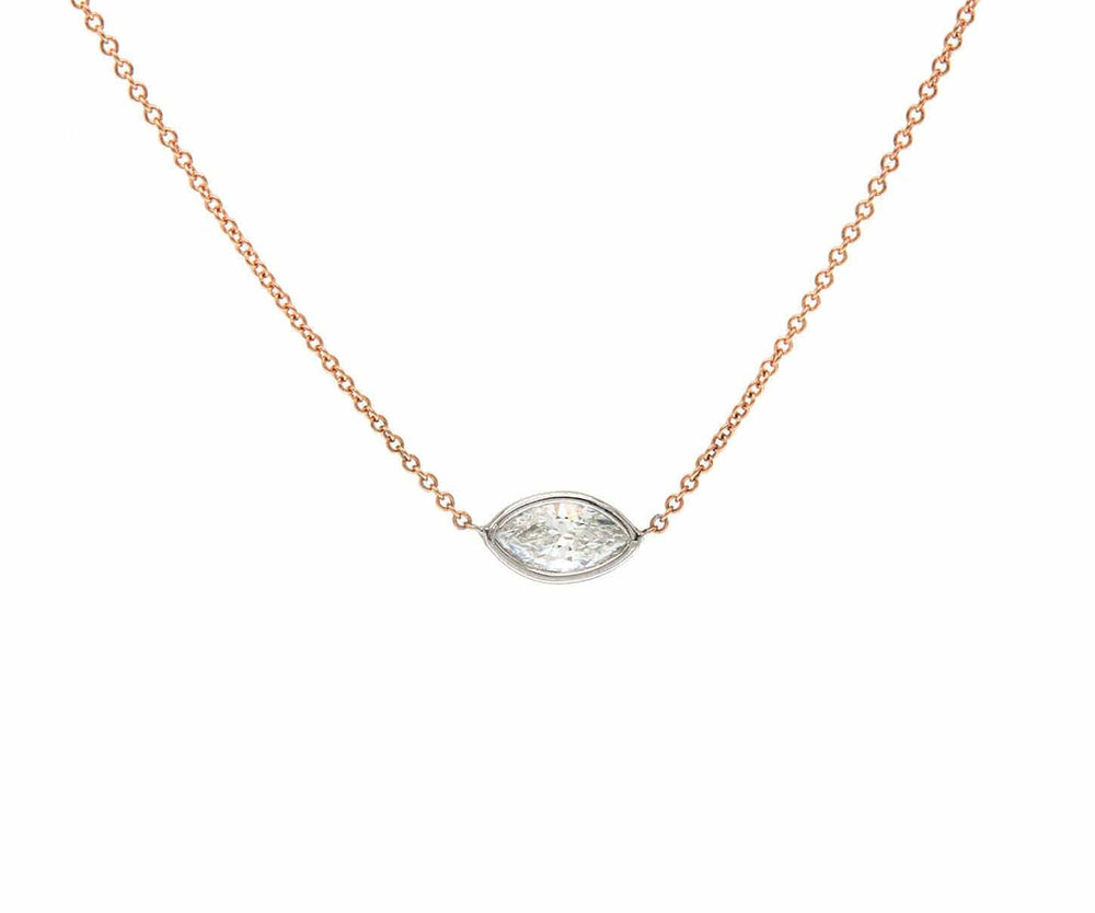 0.58ct Sideways Marquise Diamond Bezel Set Solitaire Pendant Necklace In 14K