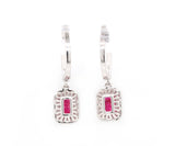 New 1.18ctw Emerald Cut Ruby and 0.33ctw Diamond Frame Drop Earrings in 14K