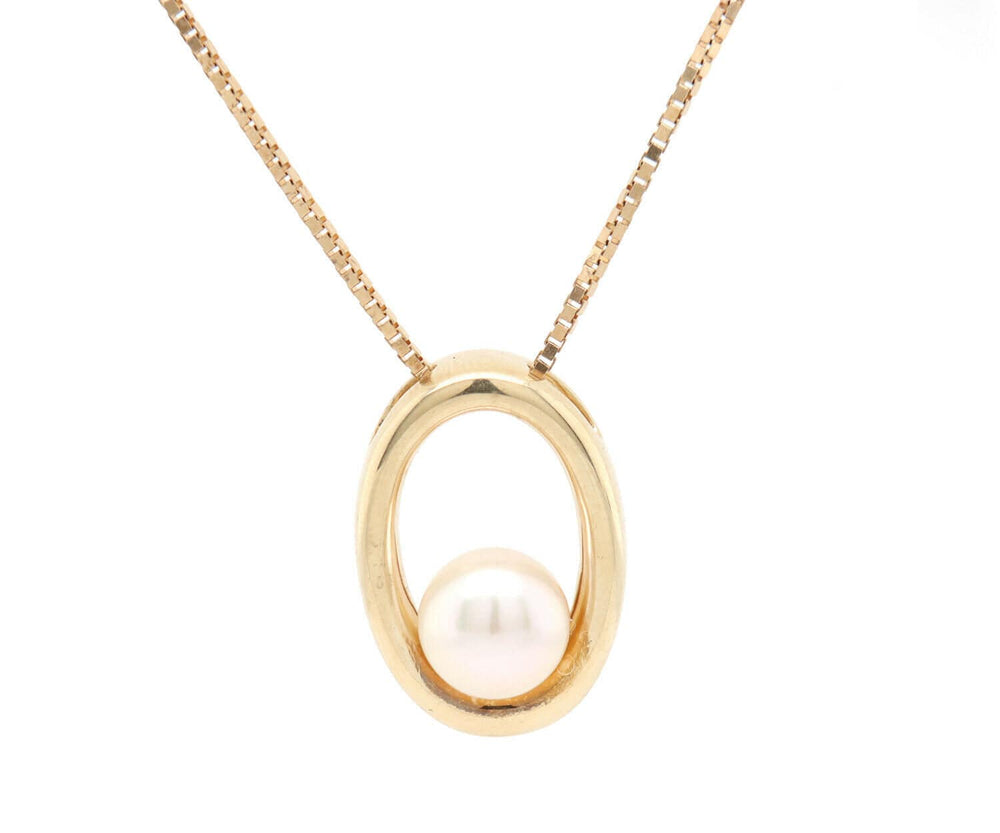 7.50 MM Cultured Pearl Oval Frame Pendant Necklace in 14K