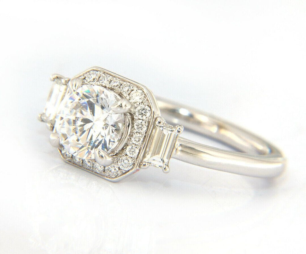 New Gabriel & Co. Art Deco Octagonal Three Stone Halo Semi Mount Ring in 14K