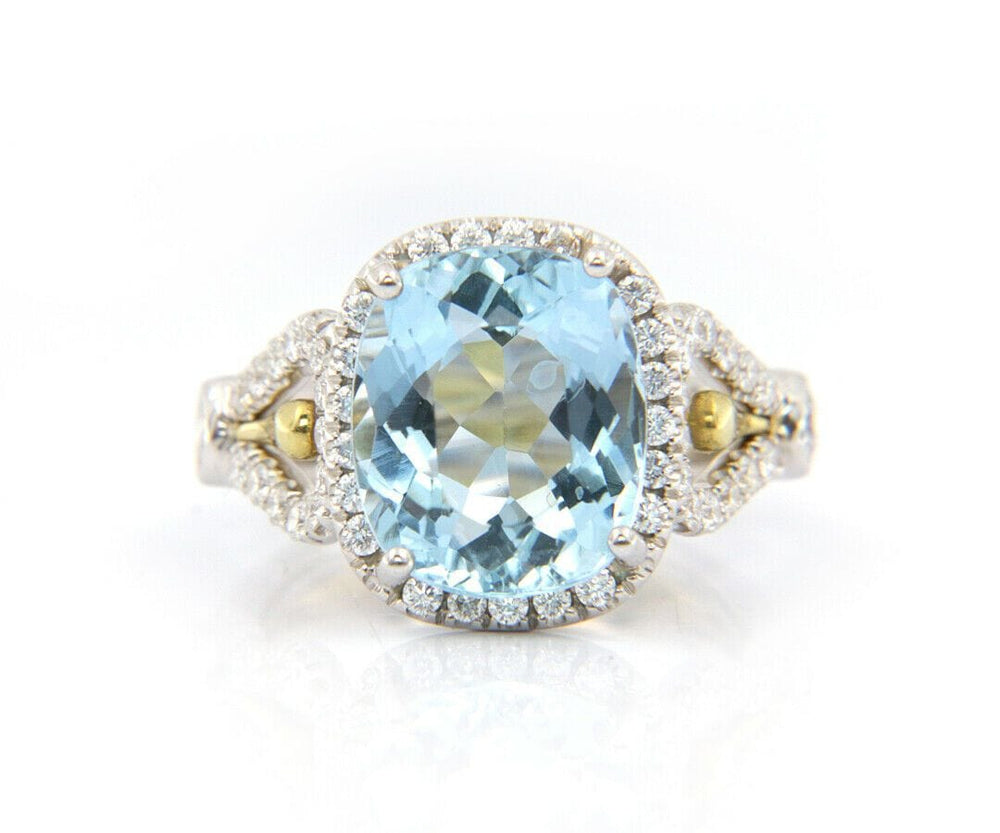 4.73ct Cushion Aquamarine and Diamond Halo Ring in 18K
