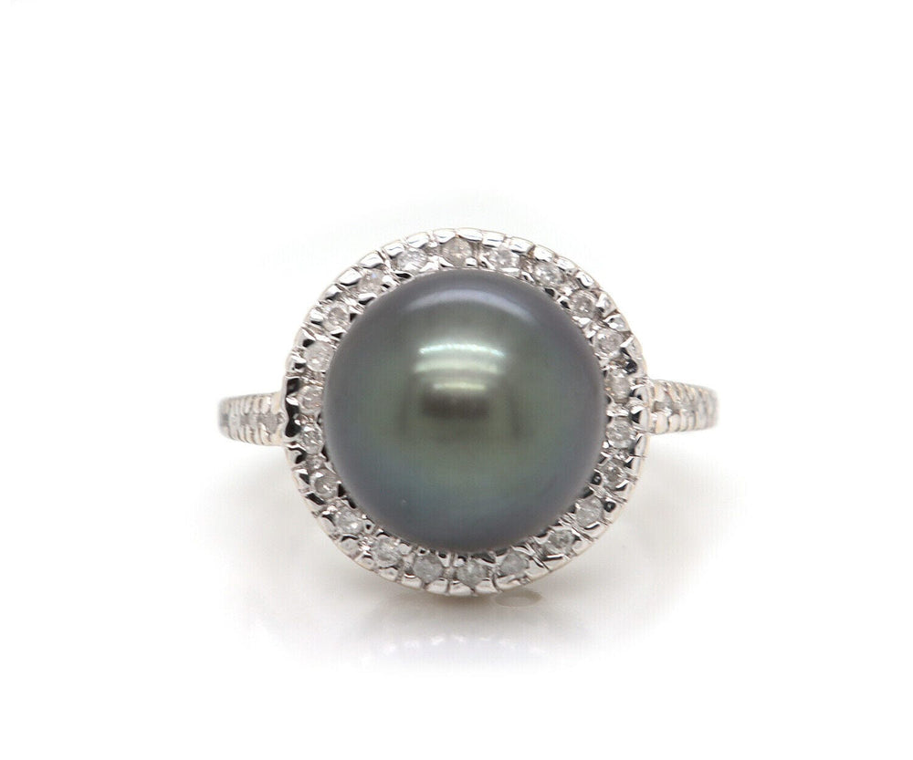11.50 MM Grey Tahitian Pearl and 0.25ctw Diamond Halo Ring in 14K
