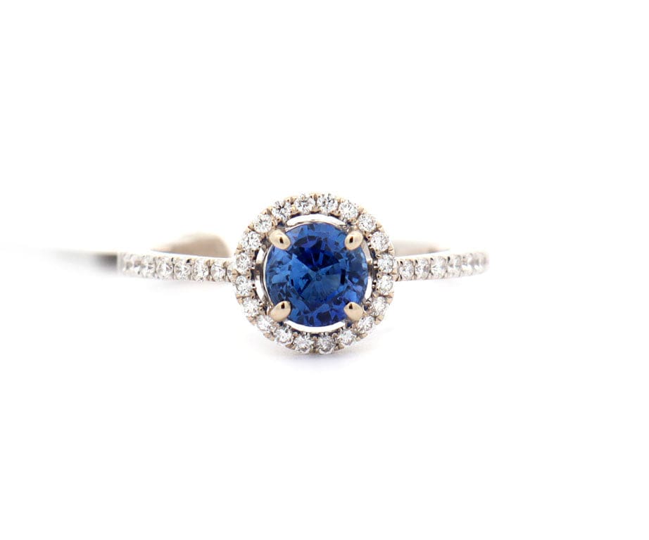 New 0.86ct Round Sapphire and 0.23ctw Diamond Halo Ring in 14K