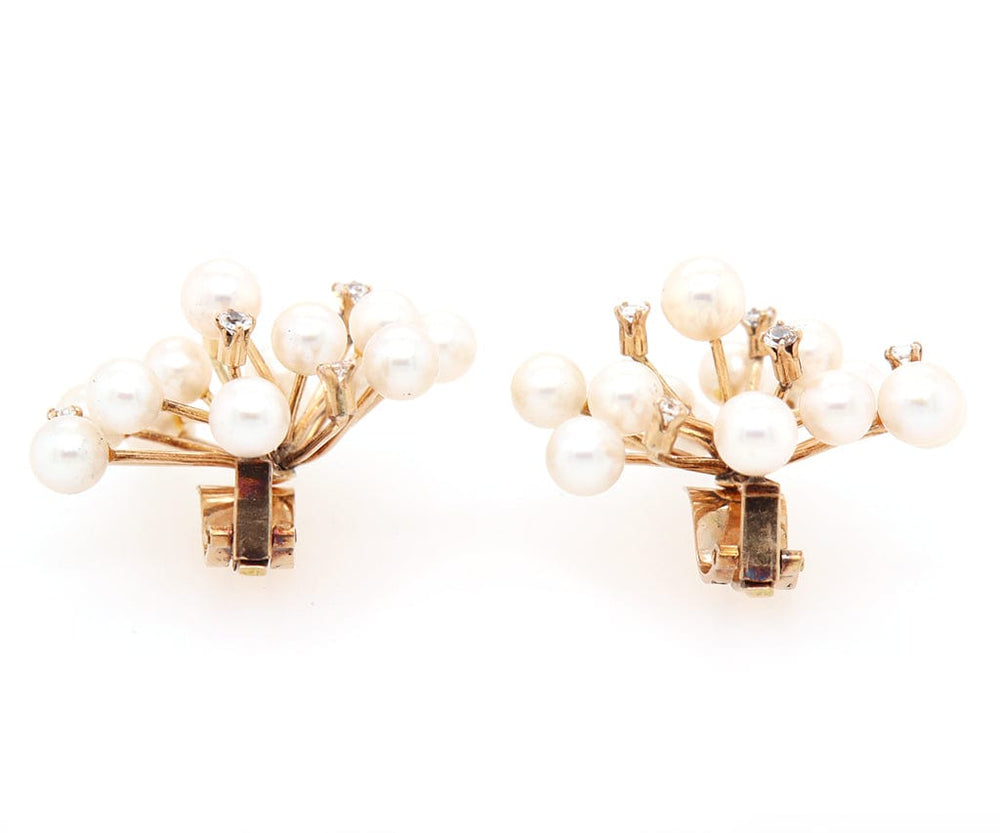 Pearl and 0.30ctw Diamond Cluster Spike Clip On Earrings in 14K