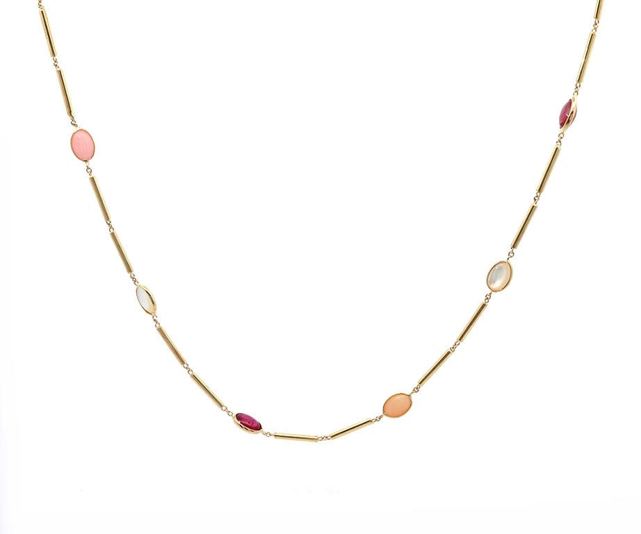 Ruby and Mother of Pearl Bezel Set Station Necklace in 14K
