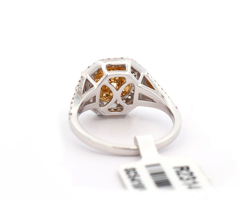 New 0.65ctw Fancy Yellow Diamond and 0.77ctw White Diamond Double Frame Ring 14K