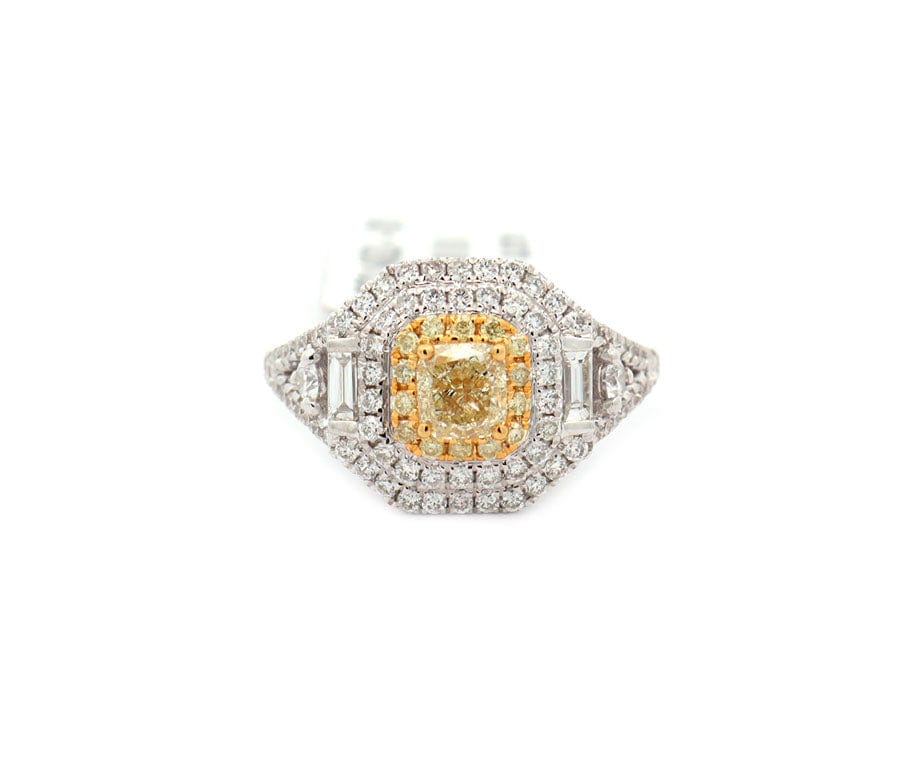 New 0.65ctw Fancy Yellow Diamond and 0.77ctw White Diamond Double Frame Ring 14K