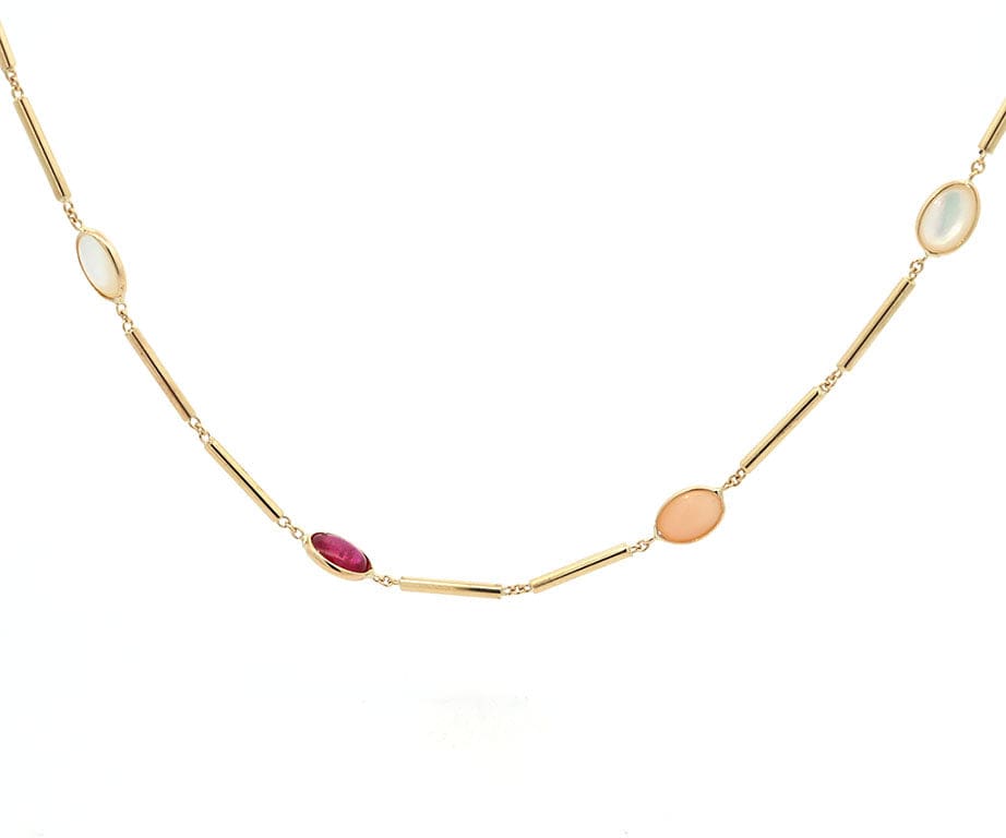 Ruby and Mother of Pearl Bezel Set Station Necklace in 14K