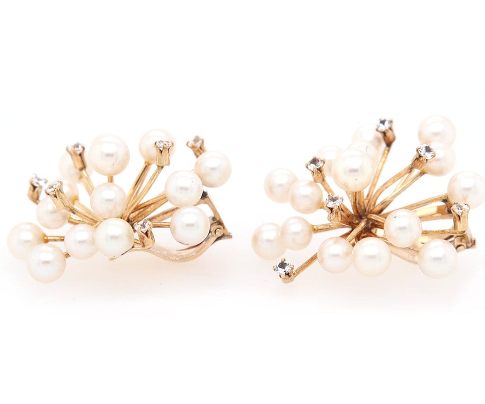 Pearl and 0.30ctw Diamond Cluster Spike Clip On Earrings in 14K